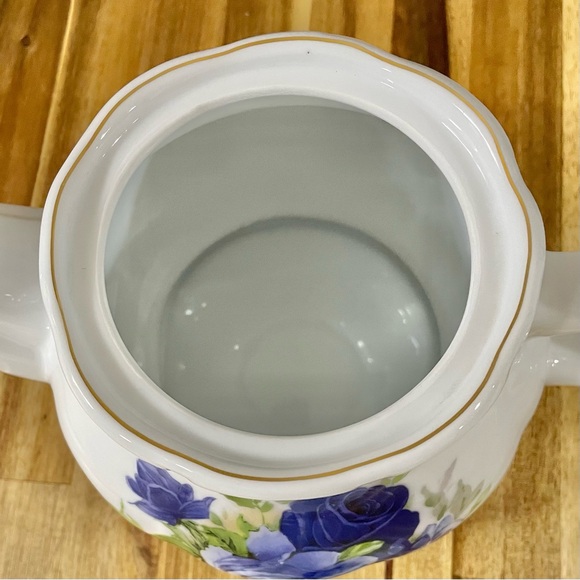 Porcelain Large Gloss White TeaPot with Dark Blue Purple Roses Gold Trim - Picture 8 of 16